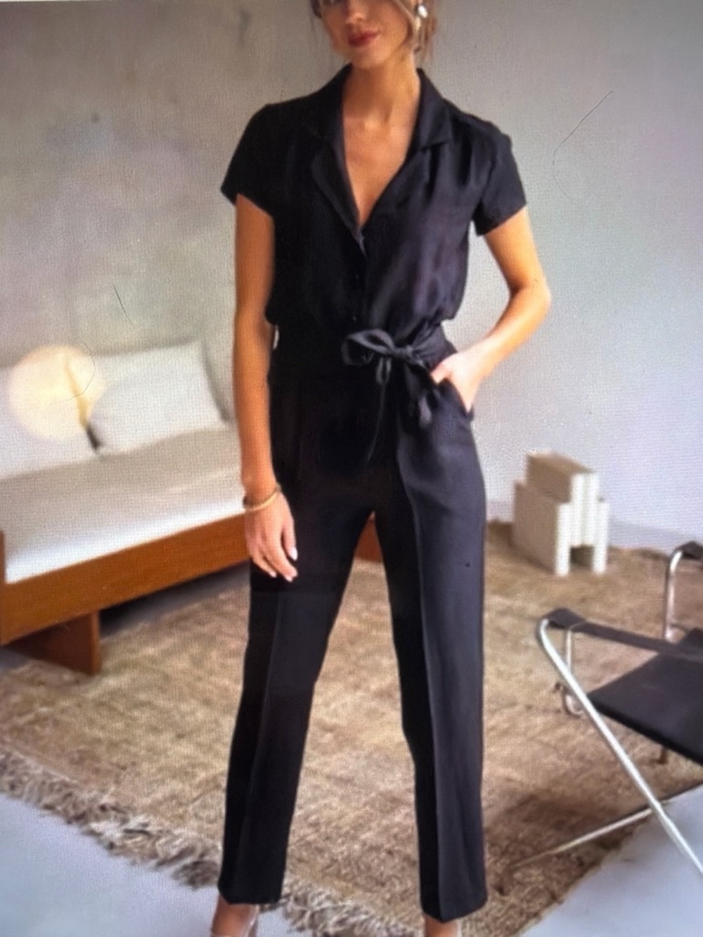 Black Short-Sleeve Tie-Waist Jumpsuit